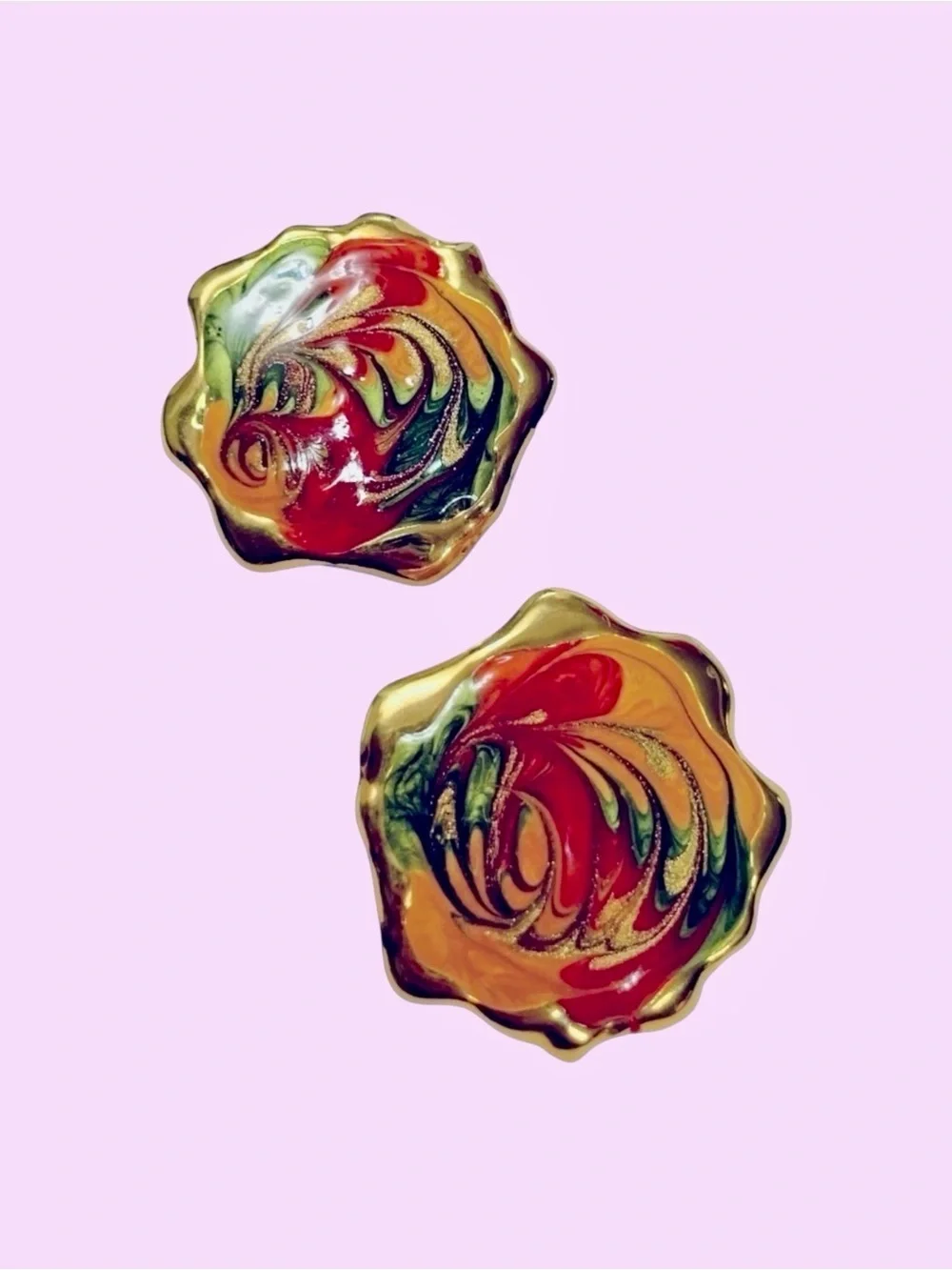 VTG Multicolor Enamel Stud Earrings Gold Tone Abstract Swirl Statement Earrings
